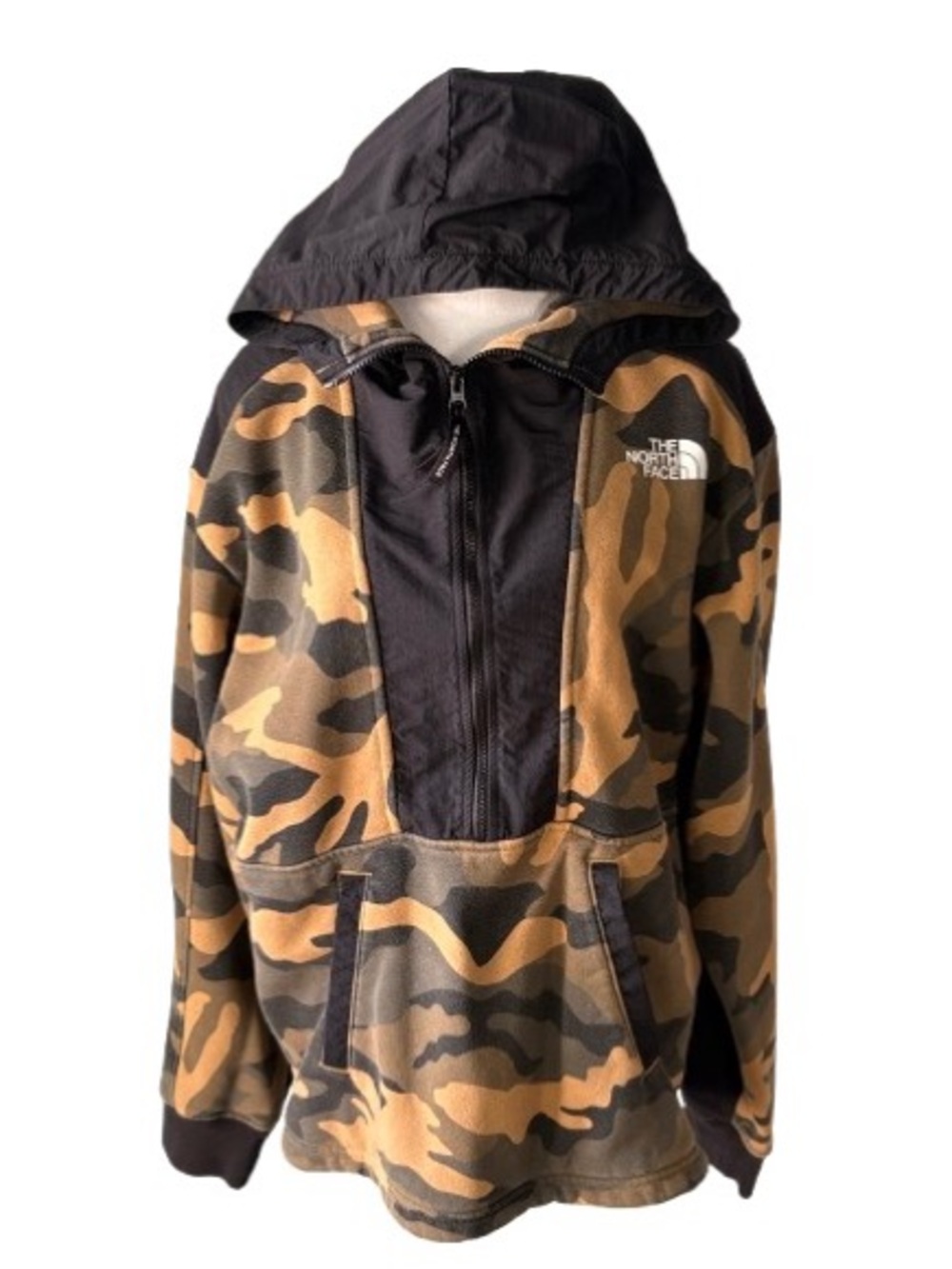 Men’s North Face Woodland Camo Graphic Fleece Hoodie; Half Zip Front. Sz-Small